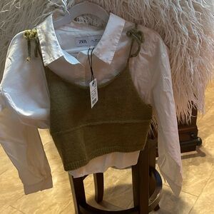 Zara Olive Green Knit Top with White Shirt